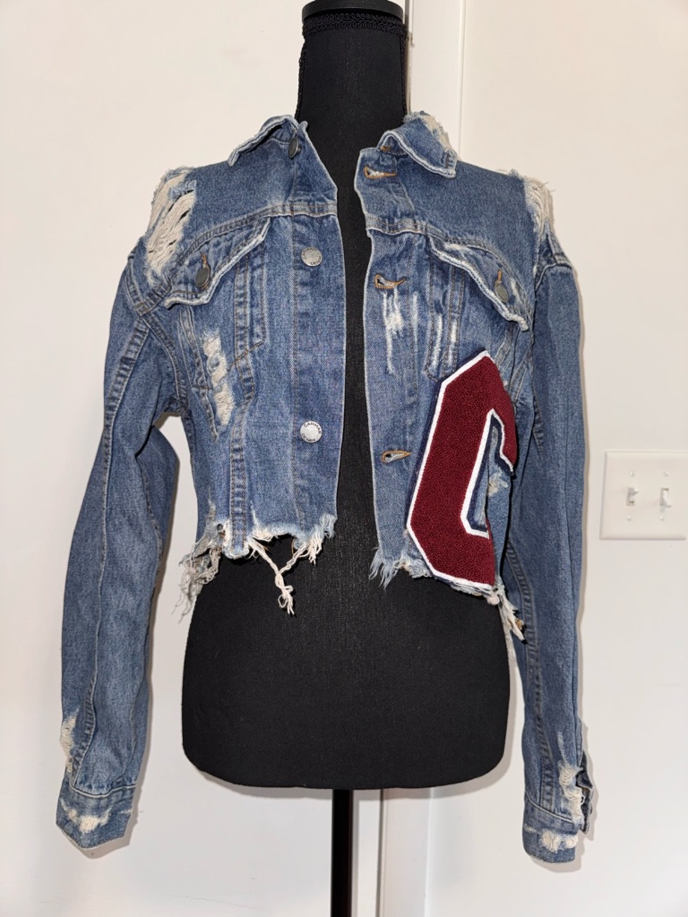 Carmar Distressed Cropped Blue Denim Jacket with Burgundy Patch